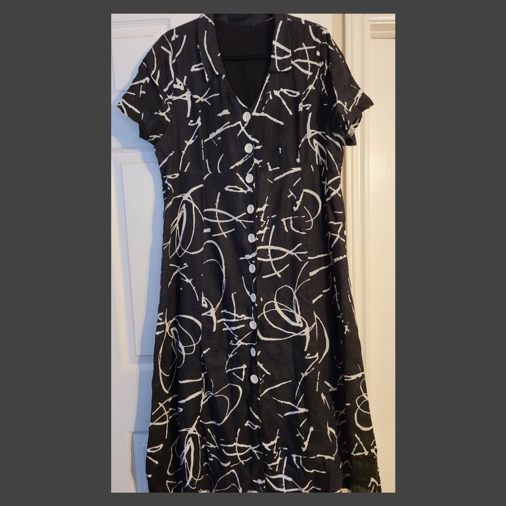 Lovely 100% Linen - Dolcezza Black & White Abstract Maxi Dress XL - Picture 2 of 4